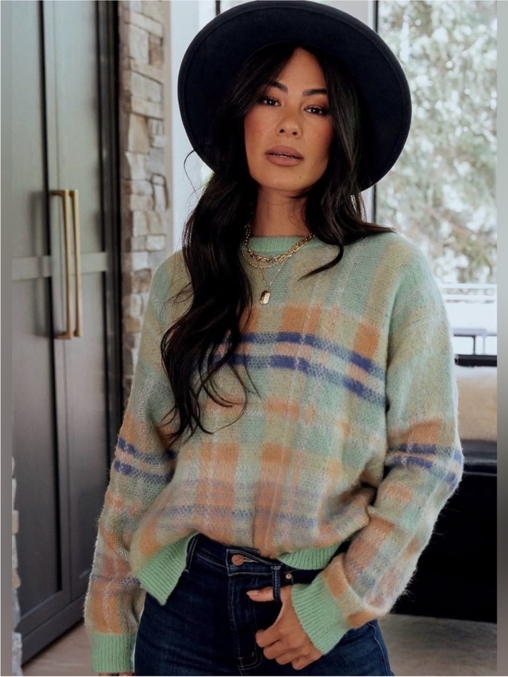 Baltic Born Pastel Plaid Crewneck Sweater in Mint, Peach & Blue